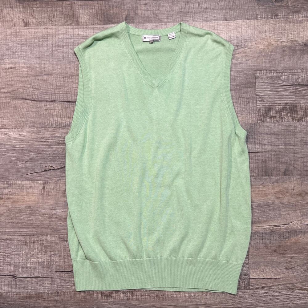 Peter Millar Size XL Silk Cotton Cashmere Blend V‎ Neck Sweater Vest Green Golf